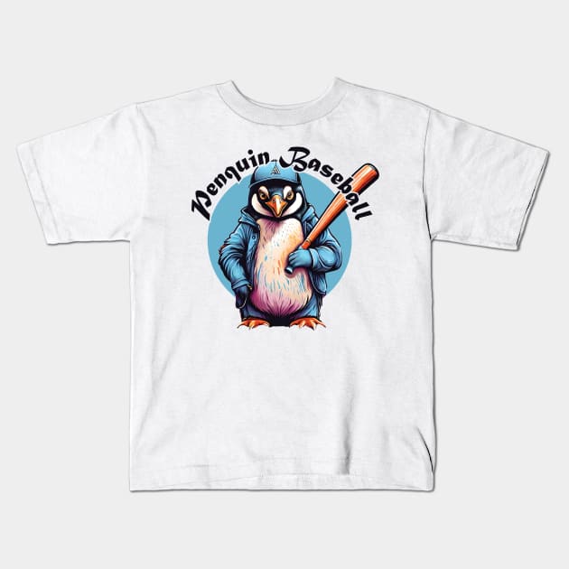 Penguin Baseball Kids T-Shirt by Sigmoid